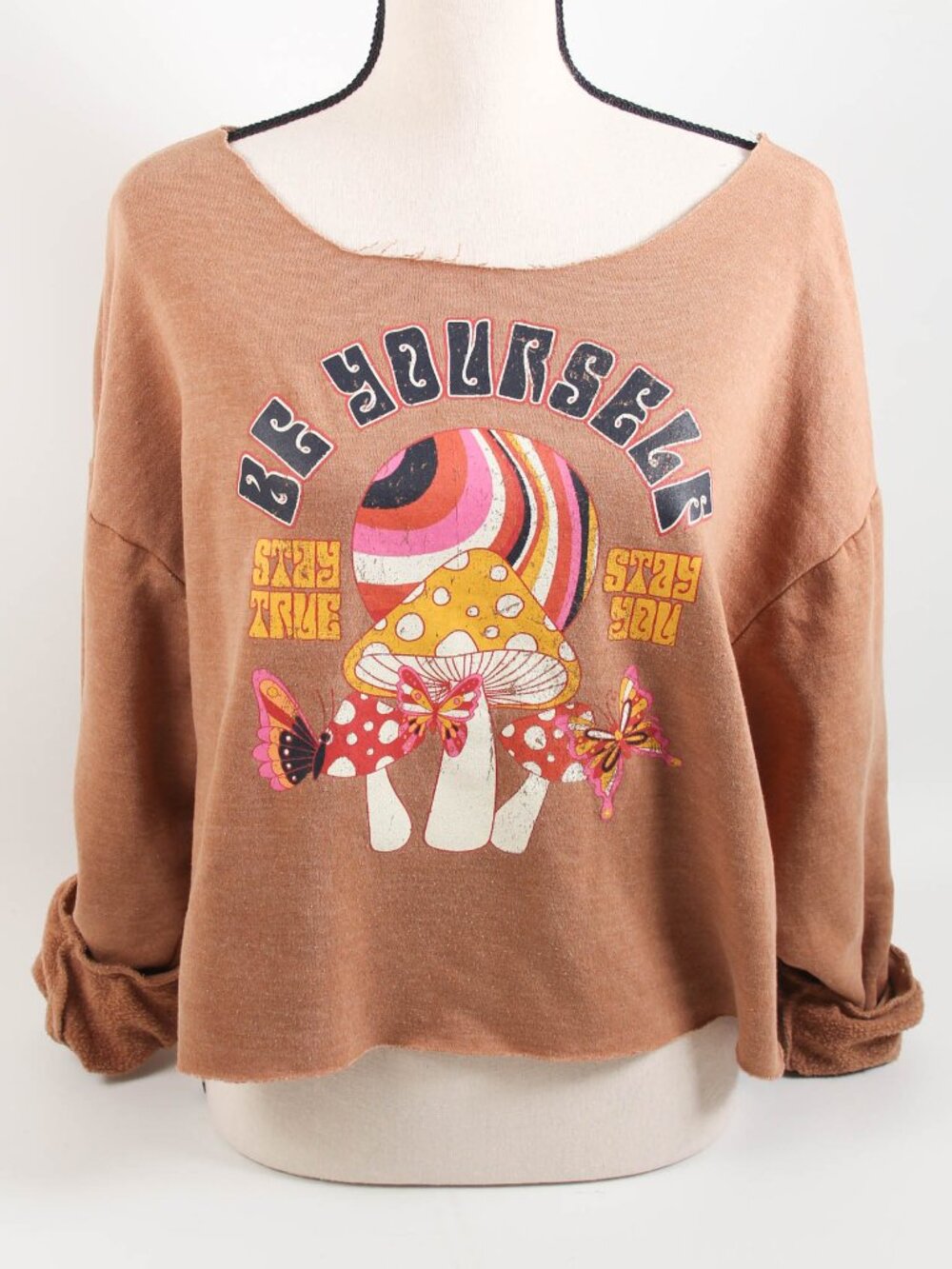 DIY Cropped Distressed Mushroom Graphic Sweatshirt Grunge Boho Y2K